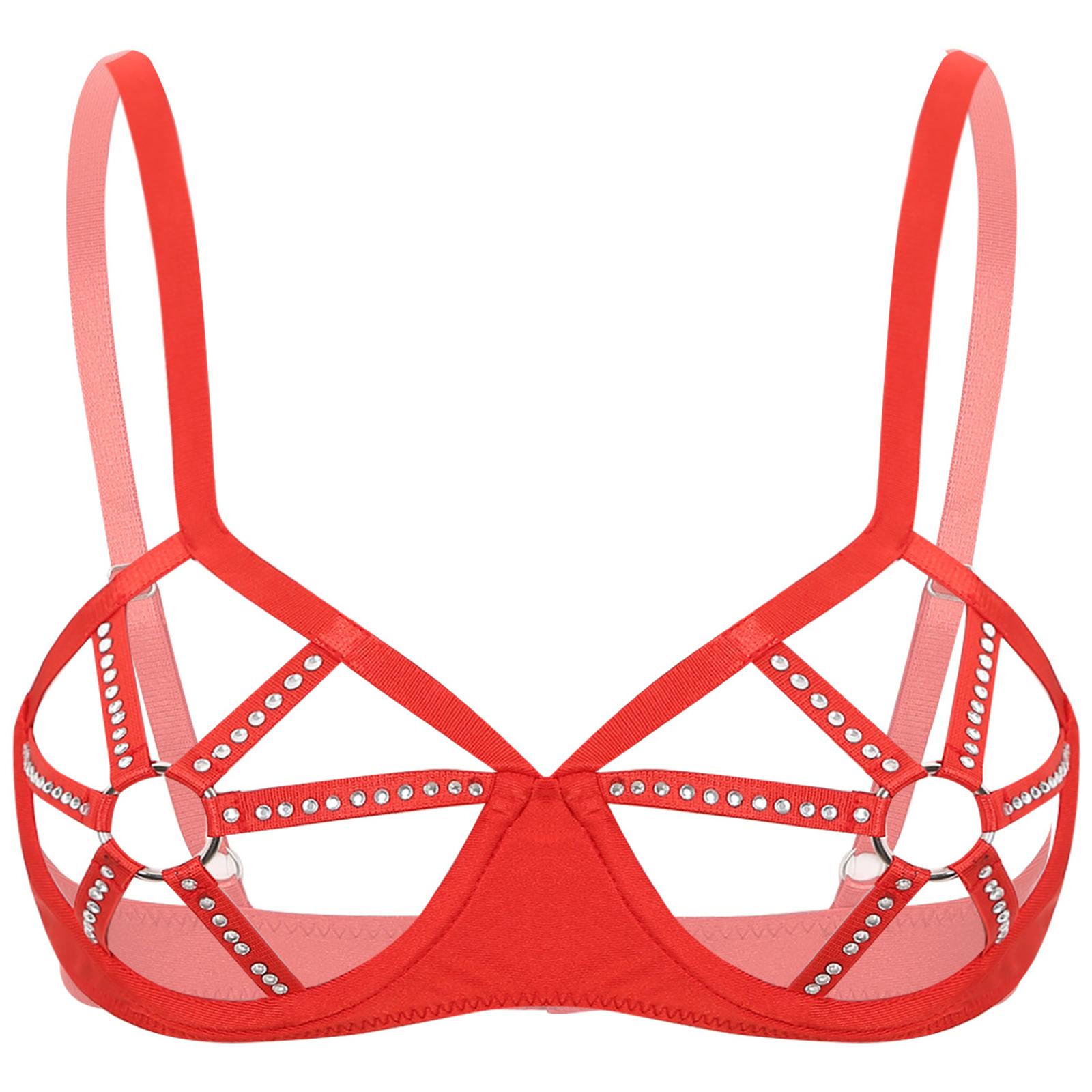 

Женский бюстгальтер-балконет со стразами, прозрачный, на косточках, с вырезом в виде кольца M красный