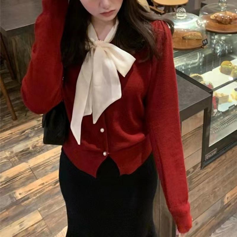 Literary Retro Bow Strap Red Sweater Cardigan Autumn New Knitted Sweater Jacket Chic Top