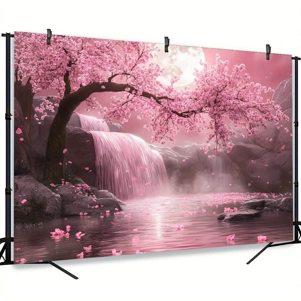 1pc Cherry Blossom Background with Pink Cherry Blossom Trees and Waterfall Scenes
