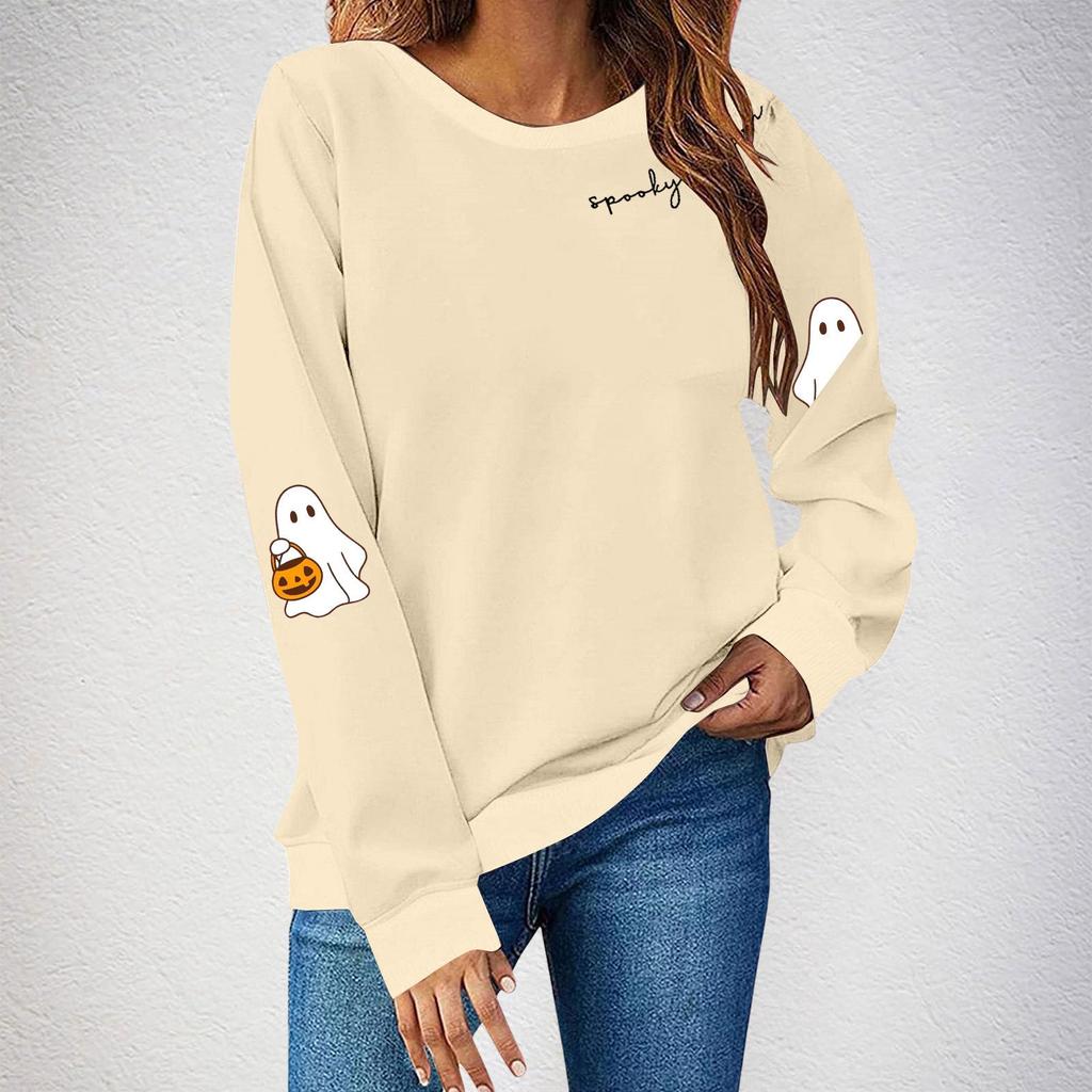 Women's Halloween Ghost Print Fleece Lined Crew Neck Sweatshirt, European Sizes S-3XL - Long Sleeve Casual Sportswear