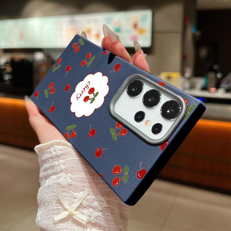 Red Cherry Print Slim Leather Texture Case For Samsung S25 Ultra S24 FE S23 S22 A56 A36 A16 A55 A15 A35 A26 TPU Matte Shockproof Soft Phone Cover