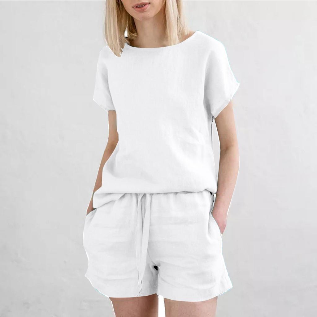 Dámské letní dvoudílné sety, volný top s kulatým výstřihem a krátkým rukávem, jednobarevné kraťasy, cestovní outfity