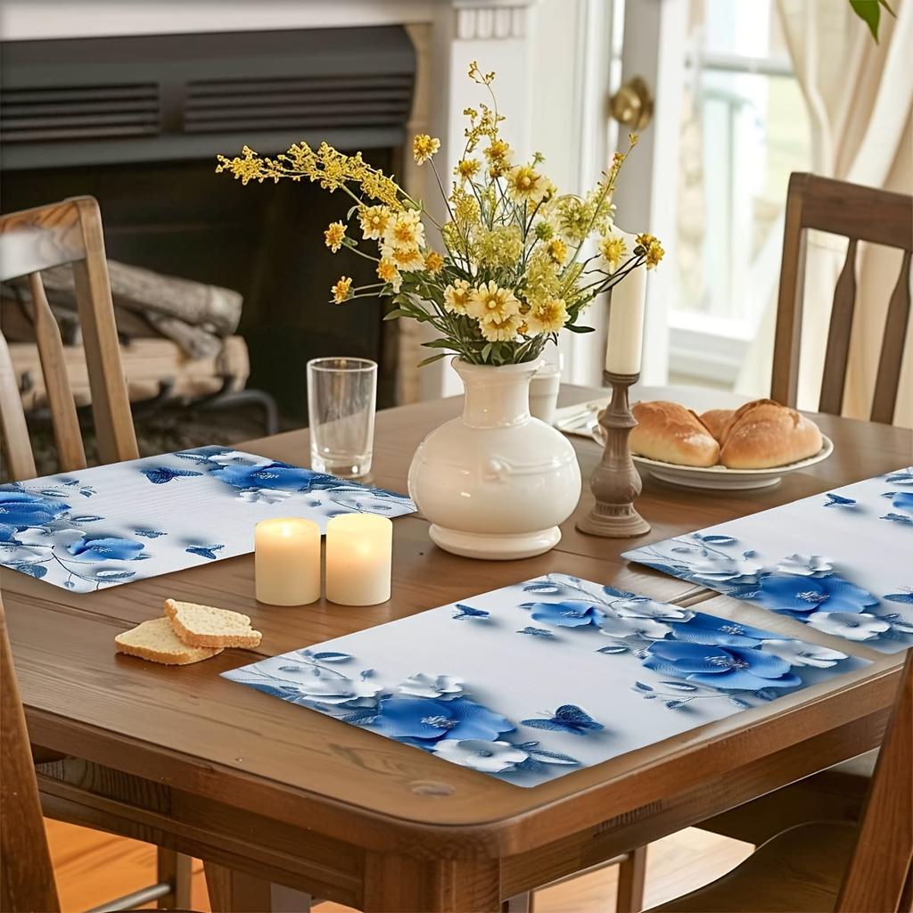 1pc Placemat Set for Dining Table, Blue Relief Flowers Popular Home Placemats, Holiday Decoration Rustic Vintage Table Mats