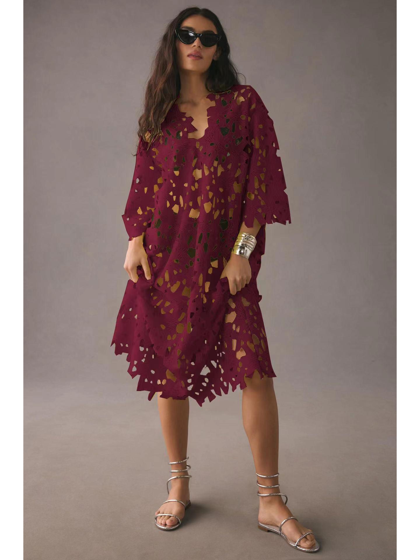 

2023 New European & American Casual Loose Beach Vacation Lace Cover-Up Shirt One Size вино красного