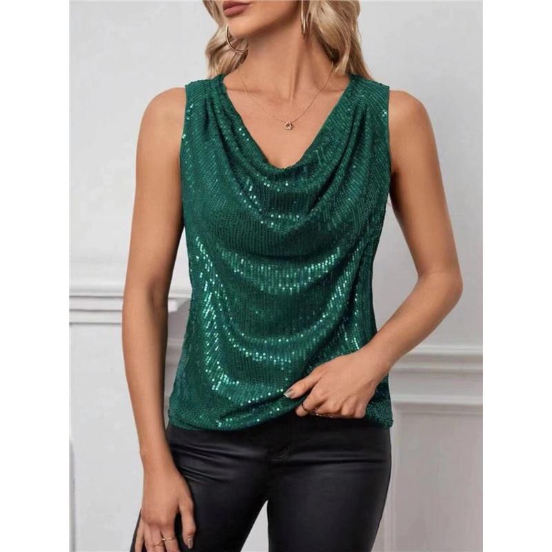 Trendy European And American Sexy V Neck Strapless Sequin Loose Short Pullover Top Women Tank Top Stylish Blouse
