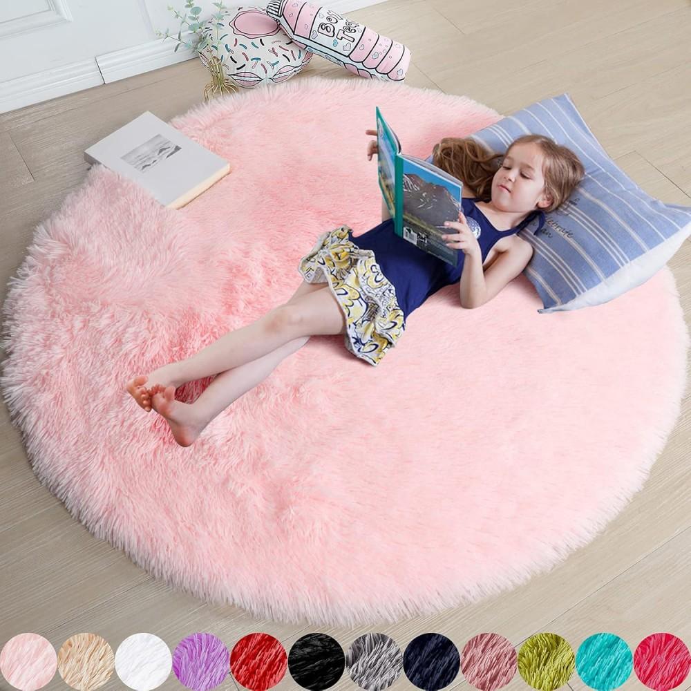 Bedroom Living Room Plush Round Carpet Infant Crawling Anti Slip Soft Pad Ins Home Decor Pink Carpet