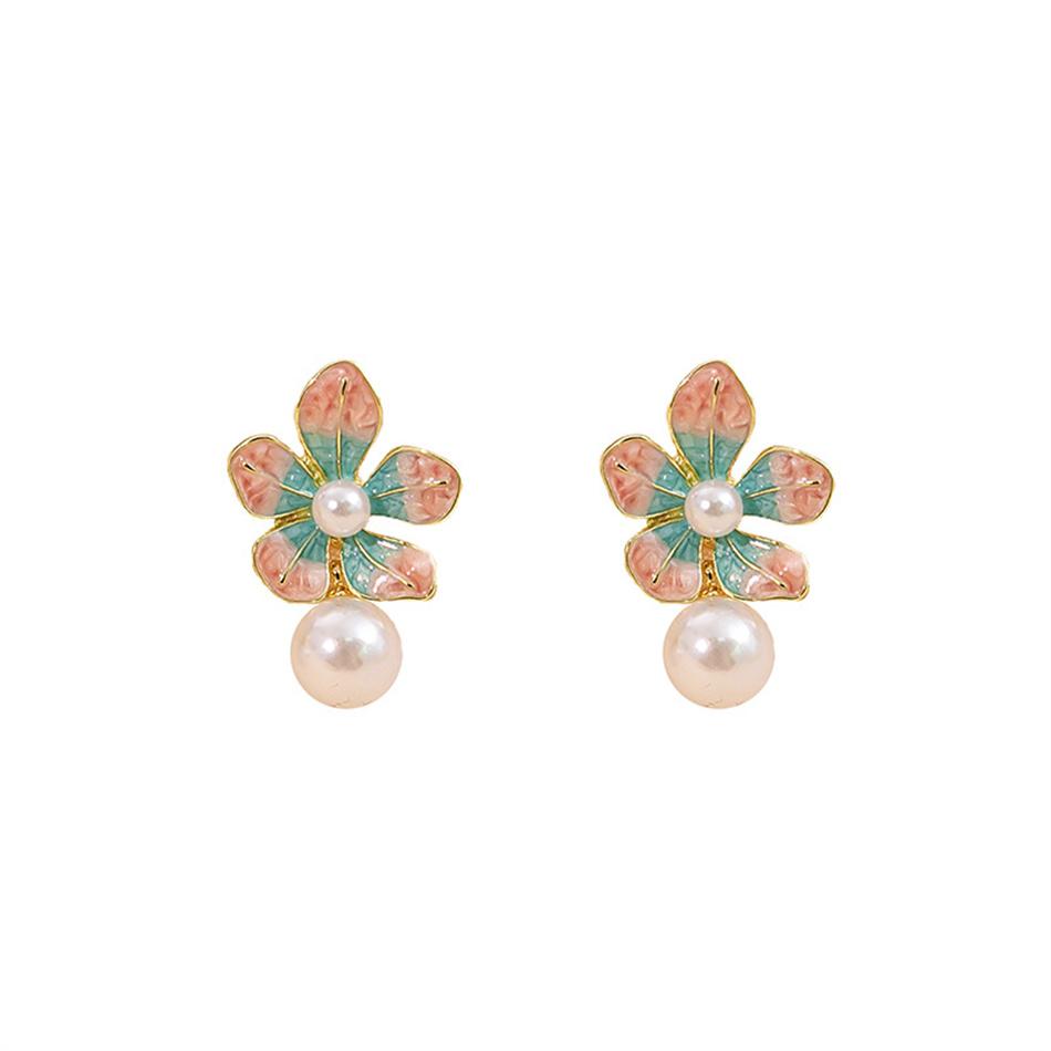 Enamel Big Flower Imitation Pearl Korean Design Drop Earrings Exaggerated Wedding Party Jewelry Accessories