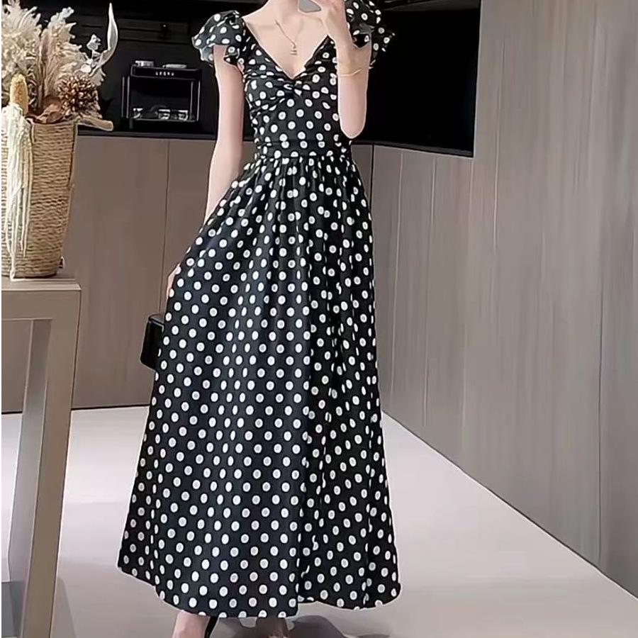 Korean Style Puff Sleeve Polka Dot A-Line Slit Dress - Summer 2026 Collection
