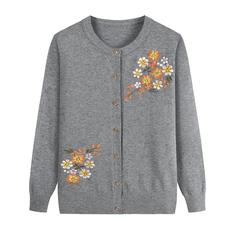 Spring Autumn Women's Thin Knit Cardigan Loose Fit Round Neck Printed Knit Cardigan