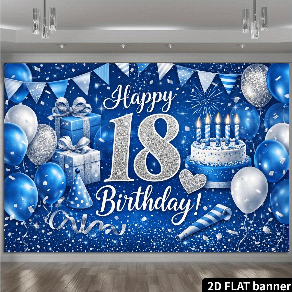 2D plane 18th birthday party backdrop fabric - blue  silver cake candles gift box hat decoration - durable polyester materialzyc