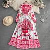 Autumn Holiday Red Blue And White Porcelain Maxi Dress Women Long Sleeve Single Breasted Lace Up Belt Flower Print Robe