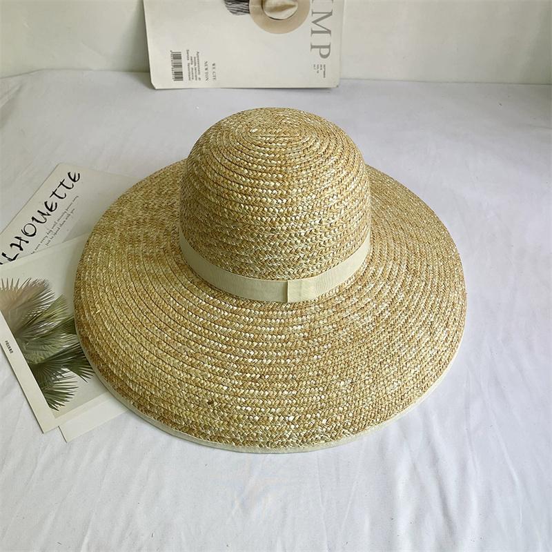 202601-nu ins chic summer natural handmade straw 13cm wind brim leisure beach holiday lady fedoras cap women sun hat