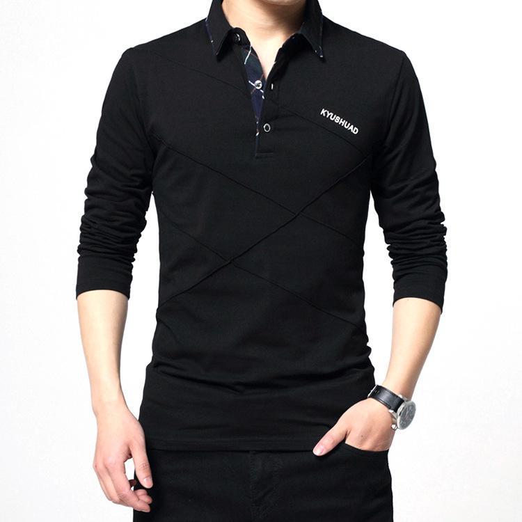 Men's Long-Sleeve Striped Polo Shirt - Plush Autumn/Winter Top