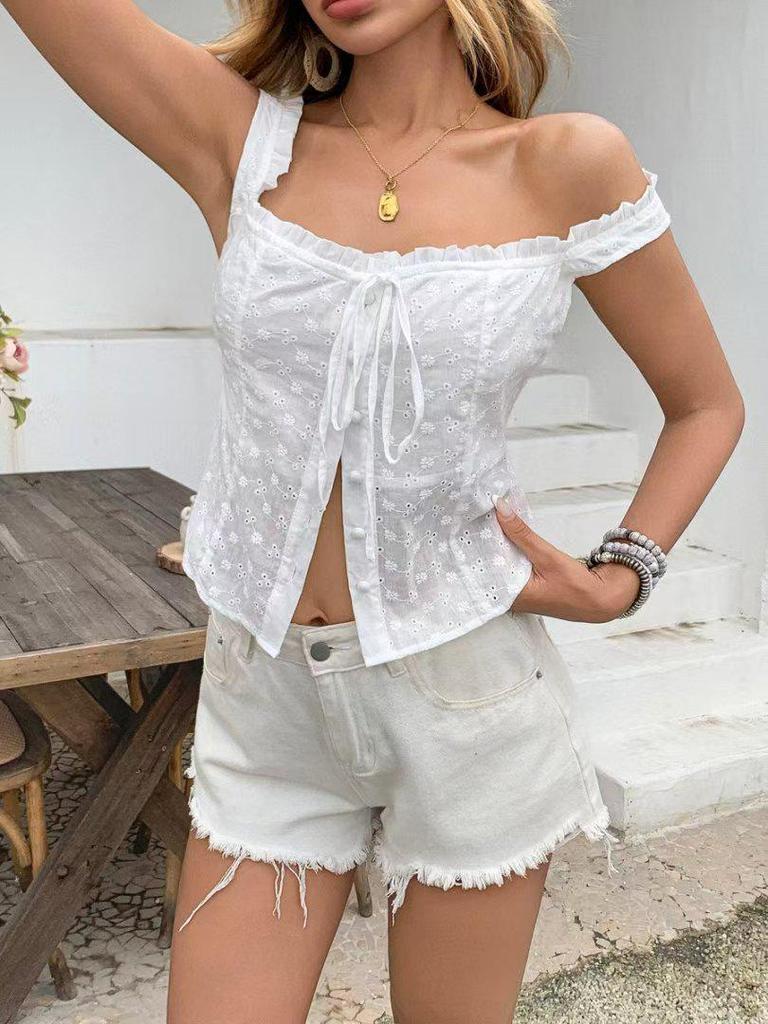 2025 European & American Women's Fashion Square Neck Embroidered Ruffle Sleeveless Top