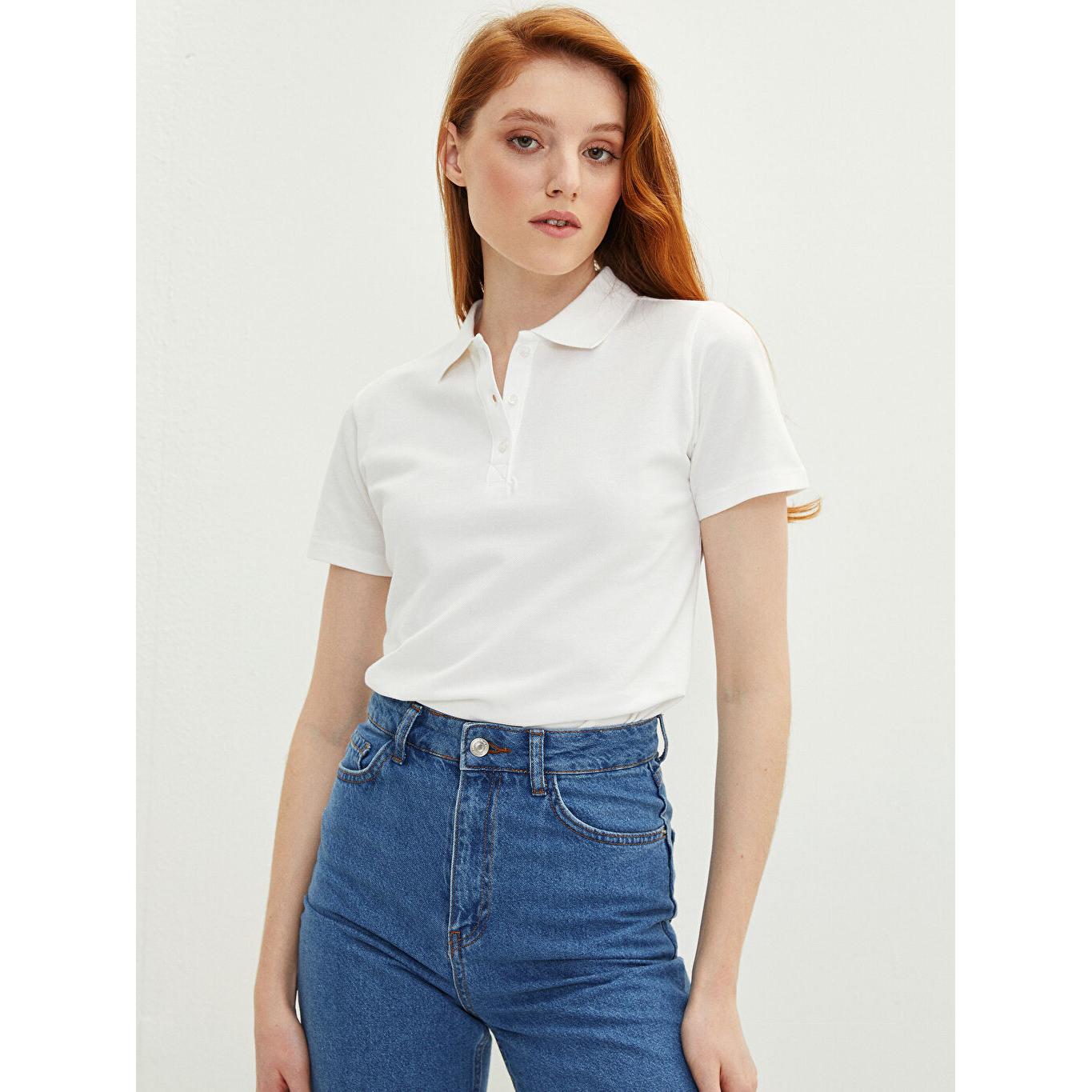 

LCW BASIC Polo Neck Straight Short Sleeve Cotton Women s T-Shirt Ecru