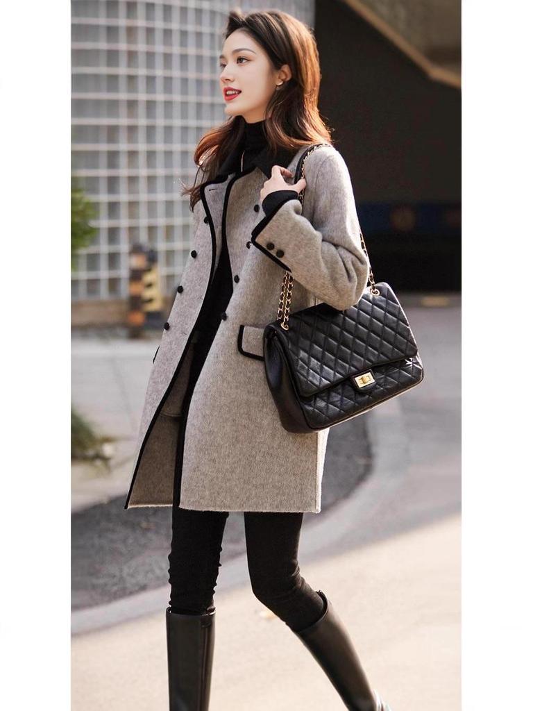 Women's Retro Double-Breasted Color Block Wool Coat - Mid-Length, Small Lapel, Spring/Autumn Fashion