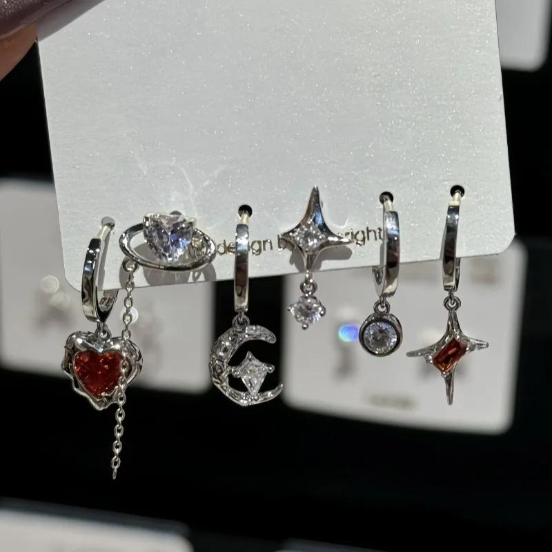 6pcs Set Earring Silver Color Star Dangle Earrings Vintage Metal Geometric Drop Earring for Women Fashion Trendy Y2K Jewelry