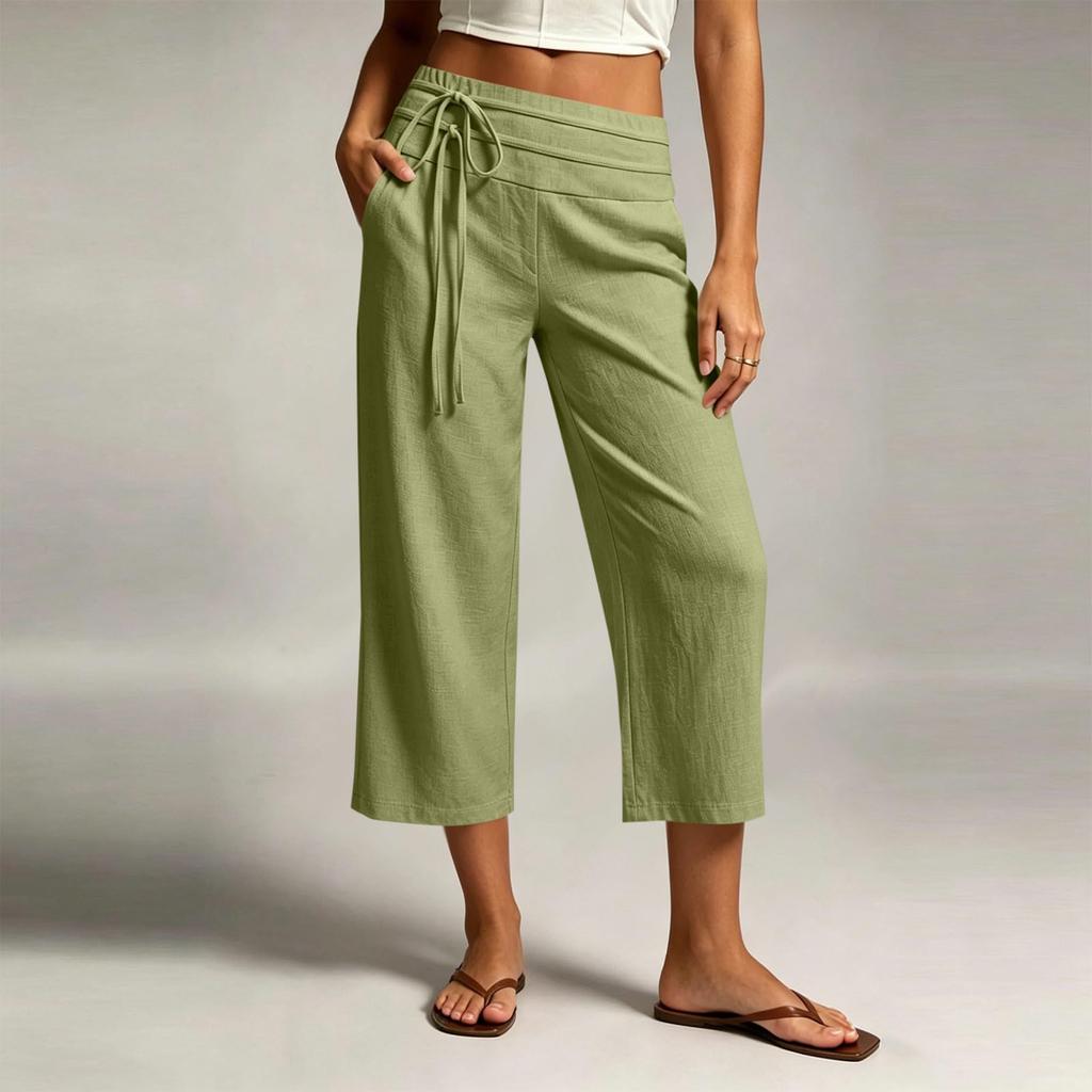 Women Casual Wide Leg Cropped Pants Elastic Waistband Drawstring Loose Fit Capri Trousers Lightweight Breathable Fabric