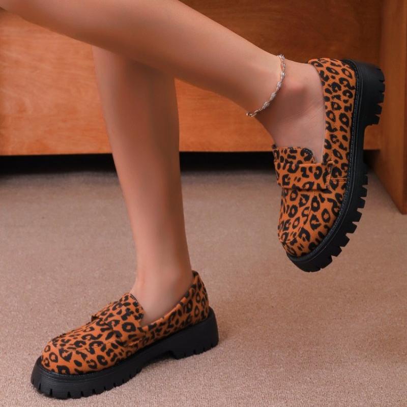 Sexy Leopard Loafers Platform Women Shoes 2025 Vintage Slip On Thick Square Heels Pumps Woman Round Toe Casual Shoes Mocasins 43