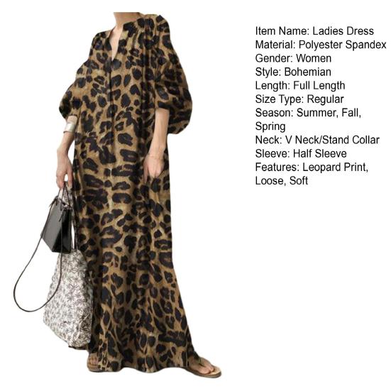 Lady Maxi Dress Leopard Print Stand Collar Oversized Half Sleeve Bohemian Style