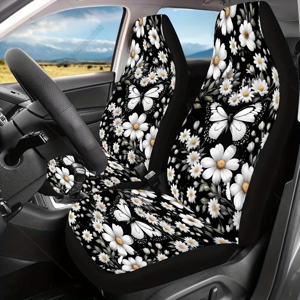 2Pcs White Daisy Butterfly Universal Car Seat Covers Front Seat Protector For Cars Suv For Women And Men