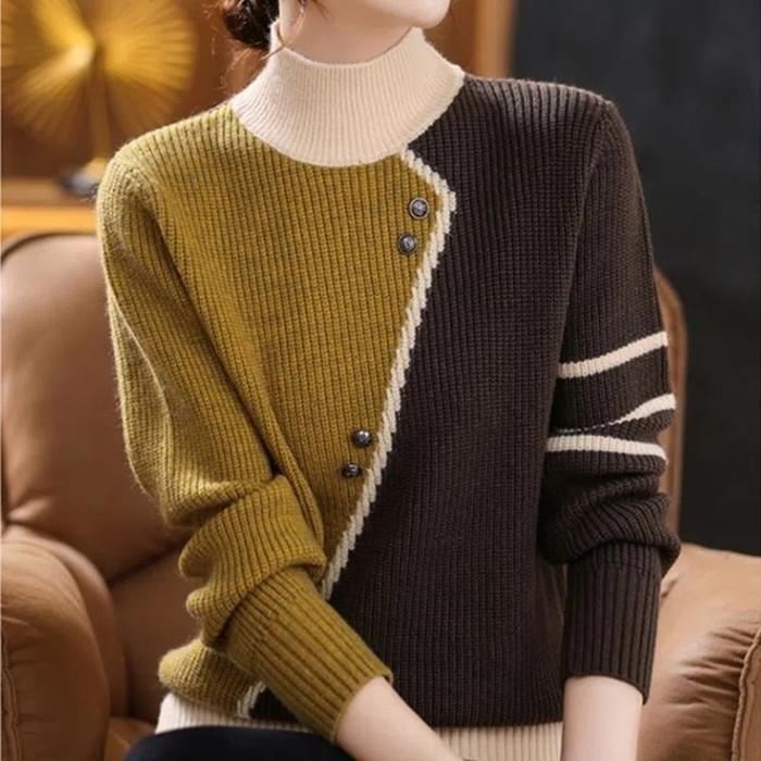 Pull Femme Autumn Winter Women's Sweater High Collar Female Knitted Tops Button Splice Warm Casual Pullovers Outwear