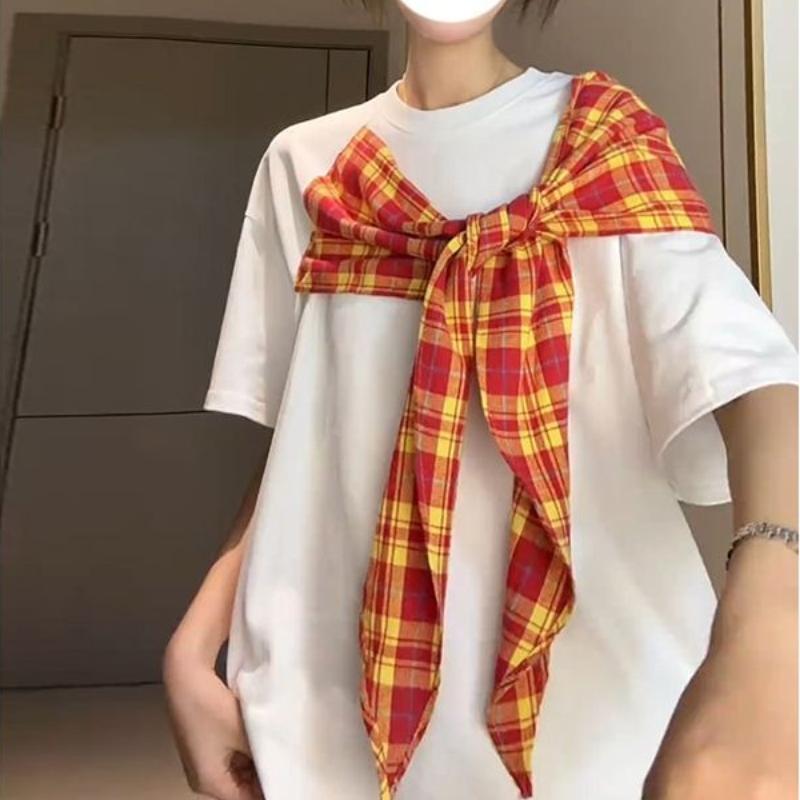 

Women s Plaid Bow Splicing T-shirt American Loose Casual Short Sleeved T-shirts Round Neck Cotton Versatile Female s Top XXXL білий