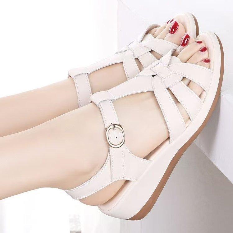 Mom Sandals Women's Slope Heel 2025 New Thick-soled Versatile Summer Women's Shoes Muffin Bottom Flat-bottomed Fish Mouth Roman Shoes