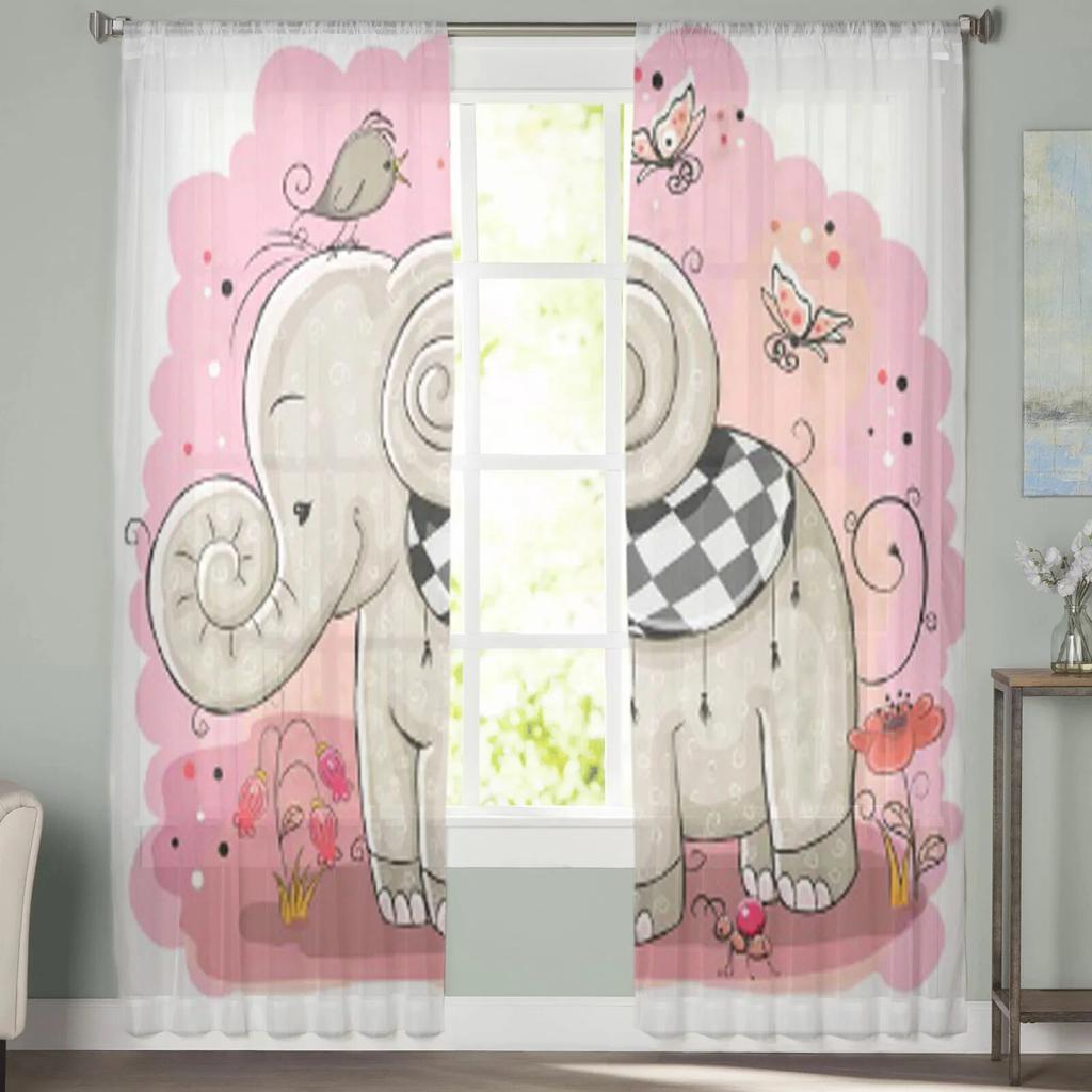 Niedlicher Cartoon-Elefant und ein Vogel, durchsichtige Vorhänge für Wohnzimmer, Kinder, Schlafzimmer, Tüllvorhänge, Küche, Fenster, Behandlungsvorhänge