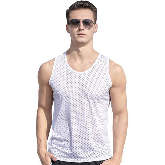 גופיית רשת לגברים גופיית קיץ בגזרה צמודה בצבע אחיד עם צווארון עגול וללא שרוולים, חולצת כושר שרירים לג'ים ולסטריטוויר