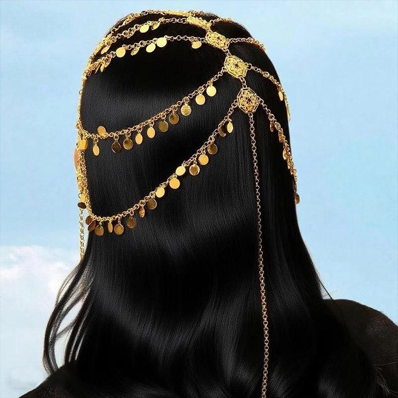 Arab Bridal Headwear Hair Accessories Tassel Sequins Coin Head Chain Hair Chain Performance Accessories Ethnic Style Head Cover Hair Cover