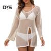 Women Beach Cover Up V-Neck Long Sleeve Side Slit Design Sun Protection. Loose Fit See-through Cover Up Dress