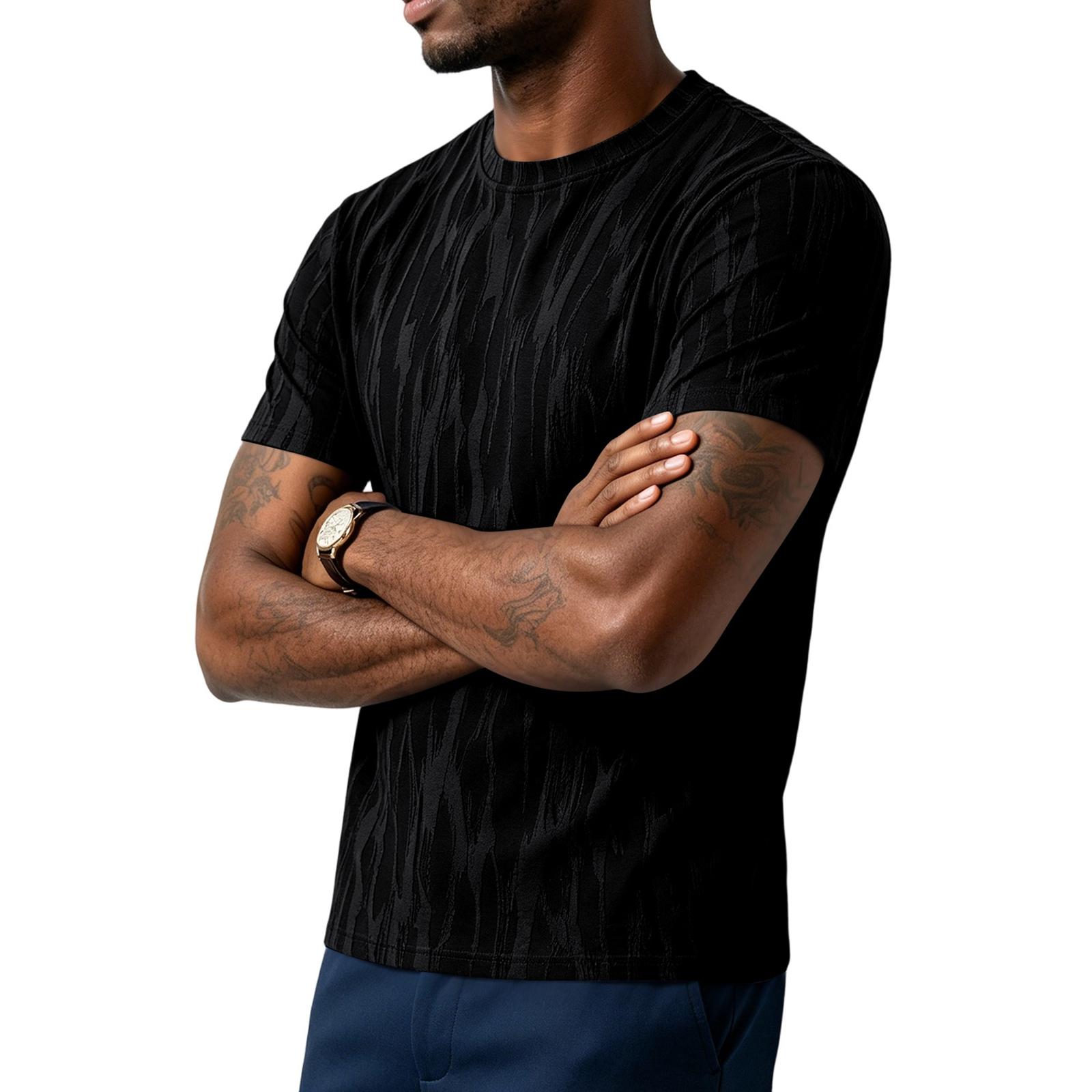 Men s Striped Texture Quick-Dry Short-Sleeved T-Shirt - Men s Retro Round-neck Lightweight Breathable Cool-Feeling Sports Casual Shirt L