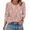 Women's Fashion Casual 3/4 Christmas Print Color Shirt Women's Round Neck Tops