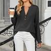 Women's Fashionable Solid Color V-neck Long Sleeved Button Casual Pullover Top