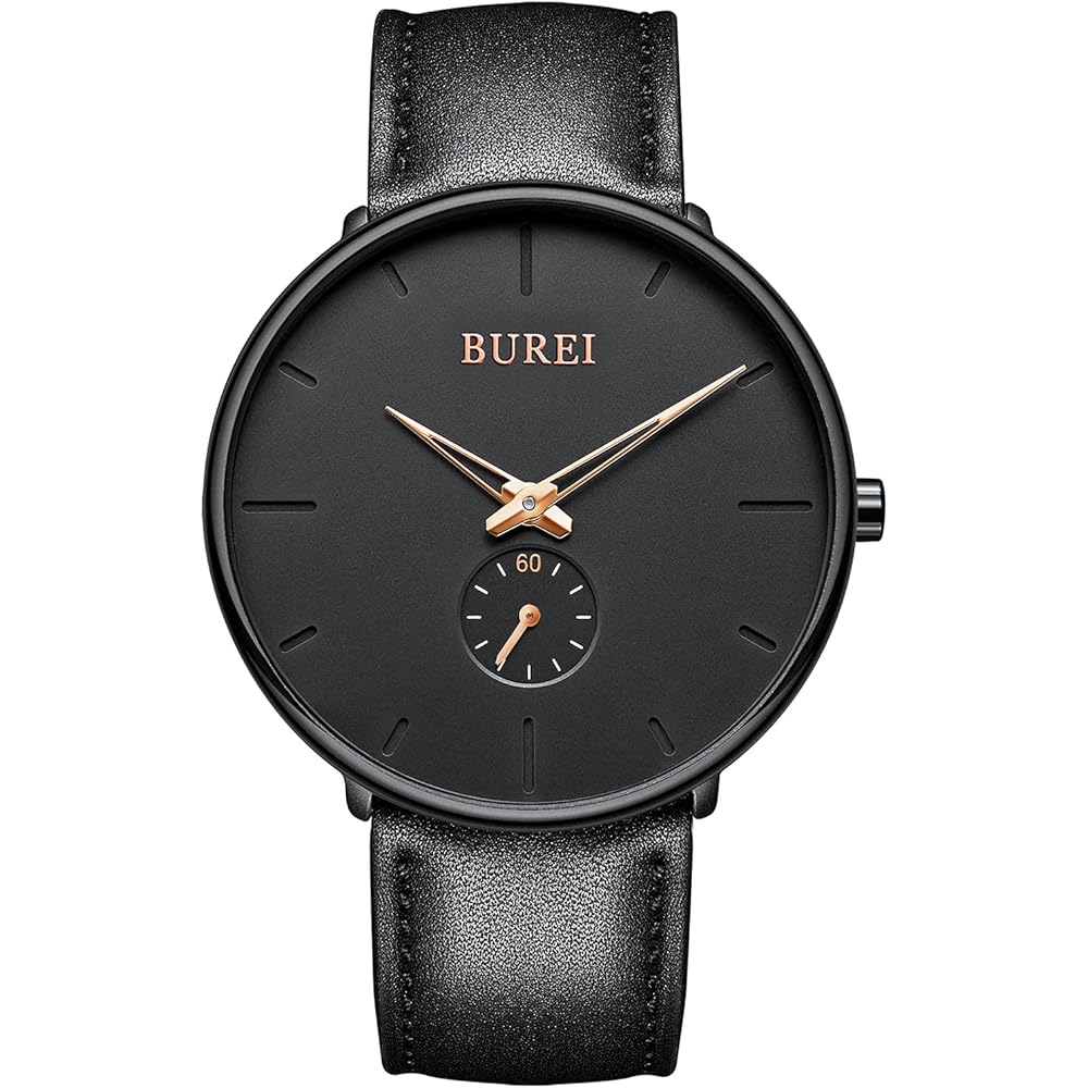 BUREI Men s Simple Stylish Black Watch Waterproof Leather Rose Gold