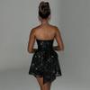 Mini Abito da Ballo da Donna A-Line Ampio Volant Abito da Sera con Dettaglio Schiena con Fiocco Senza Spalle Senza Maniche Rete Plissettato Abito Corto per Feste Matrimoni