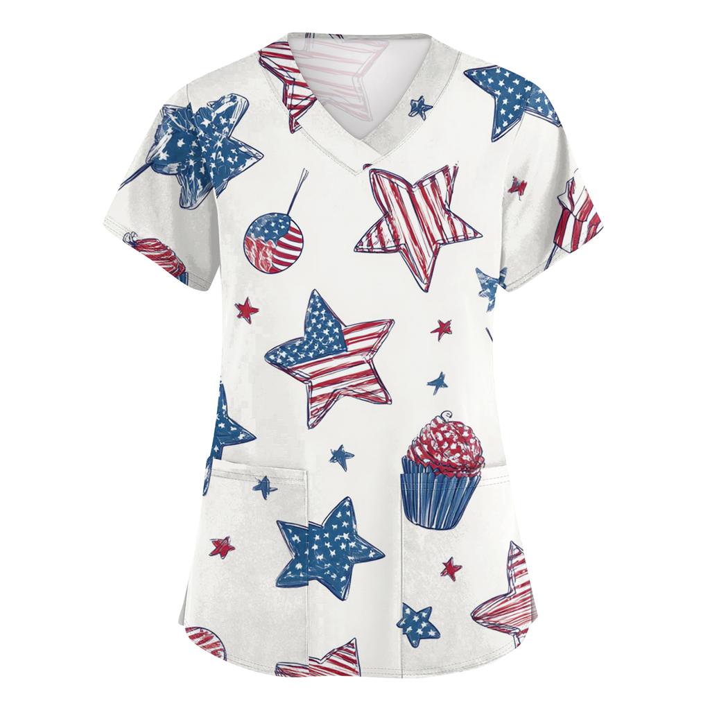 Women's Fashionable V-Neck Short-Sleeved Work Top With Pockets And Independence Day Print  Uniform
