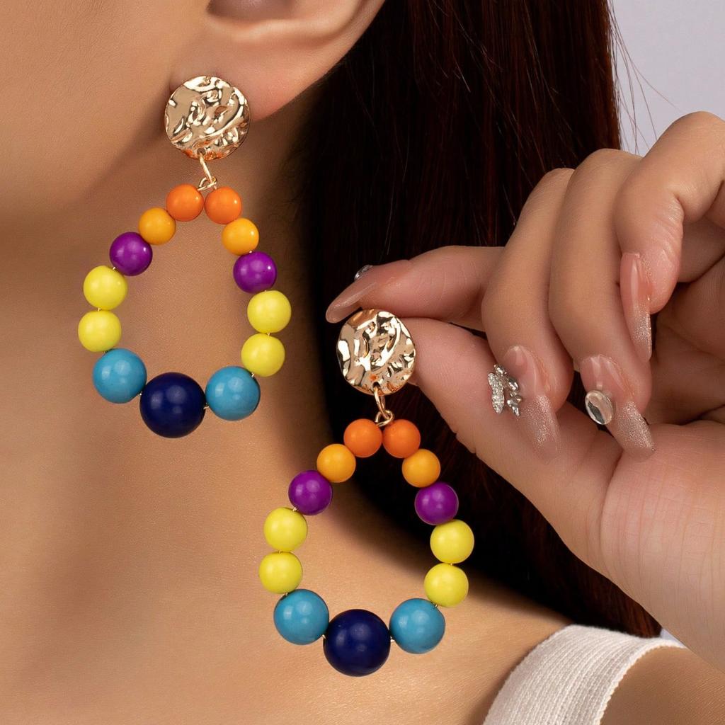 Popular Rainbow Beaded Women's Long Fringed Earrings Personalized Color Stud Earrings Pendant Popular Accessories