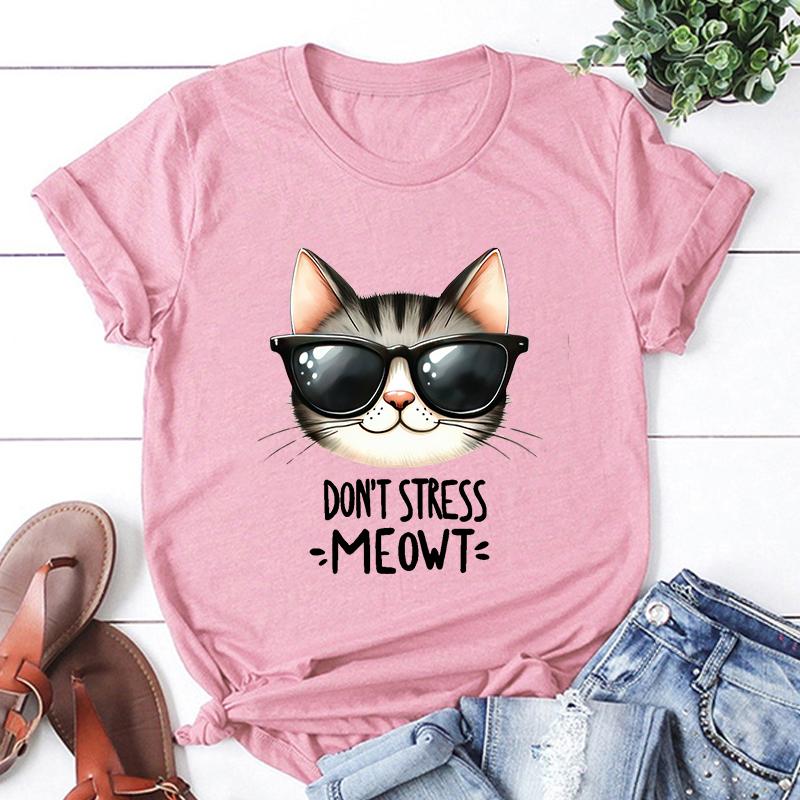 New Cat Don'T Stress Meowt Printed T Shirt Women Teens Fashion Hip Hop Harajuku Casual Short Sleeve Unisex Tops Tees