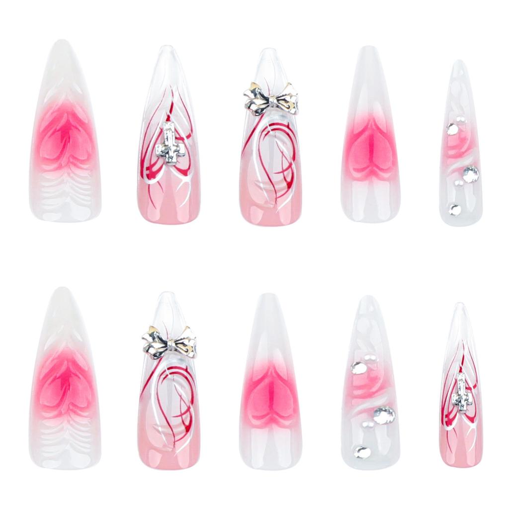 3D Bow Spicy Girl Nails: Long, Pointed, Gradient Heart Press-On Nails