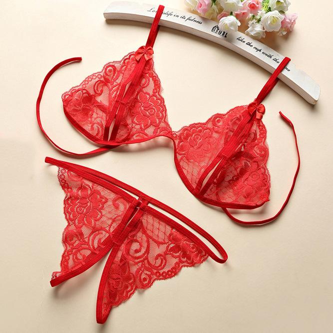Open crotch free three-point two-piece set erotic lace underwear panties female sexy passion thong
