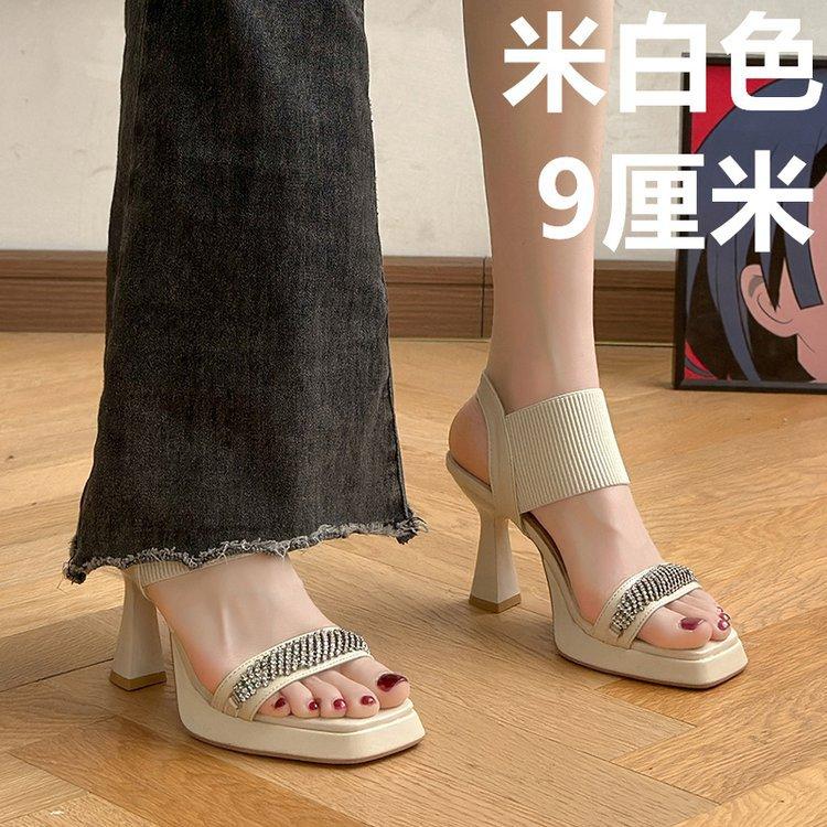 

Knitted comfortable high-heeled sandals women s summer 2025 new versatile thick-heeled waterproof table square head white sandals women 40