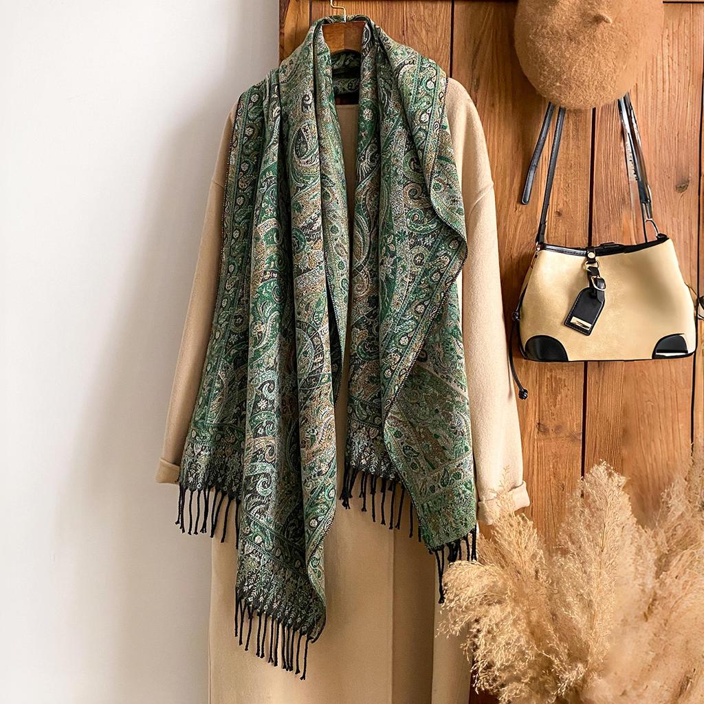 Rand Fashion Dámský zimní kašmírový šál - Vintage květinový potisk s třásněmi ve stylu olejomalby Pašmína Silný přehoz & Šála