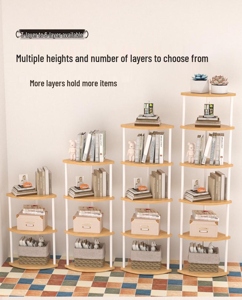 Triangular Corner Cabinet with Multi-Layer Storage and Display Shelves for Living Room or Bedroom.