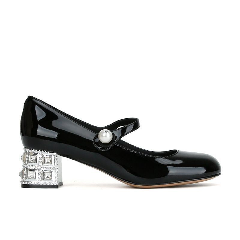 Xiaoxiangfeng lakovaná kůže silný podpatek jednoslovná přezka Mary Jane dámské boty 2025 jaro nové kamínky perla stříbrné vysoké podpatky