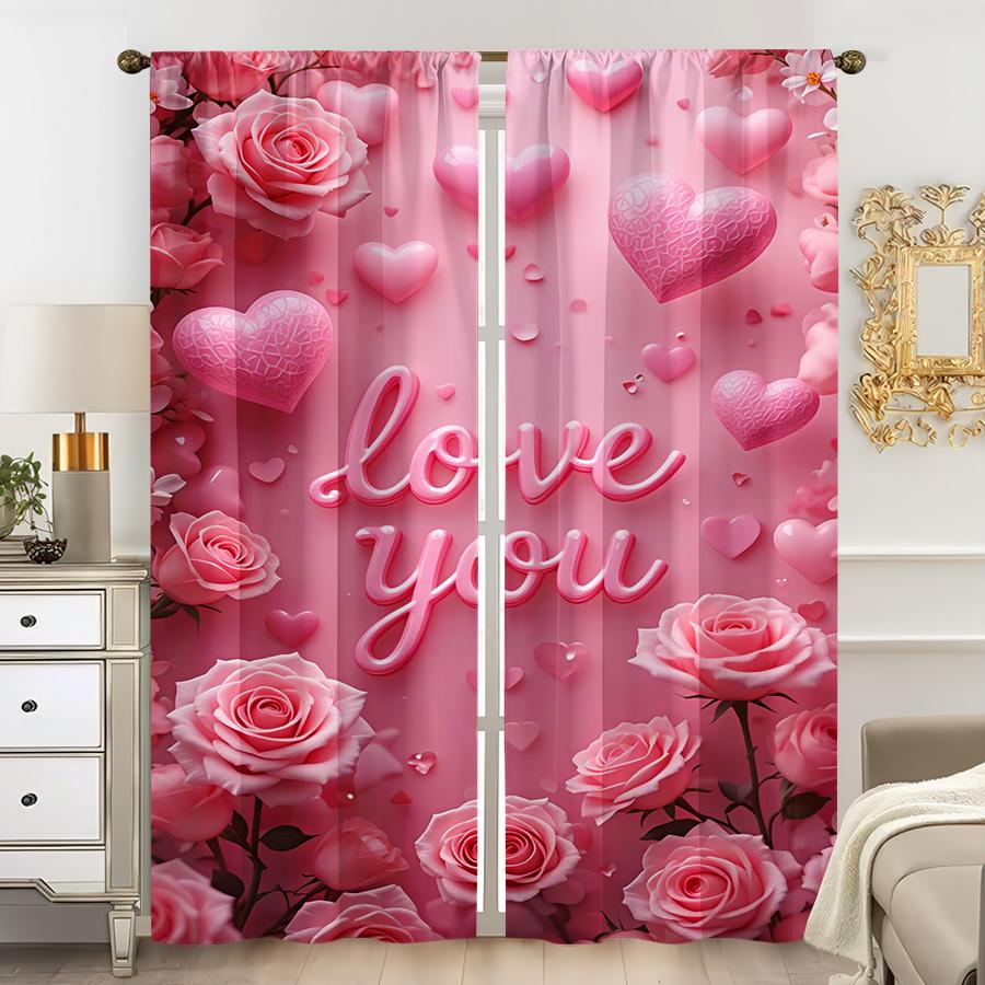 2 Stück Rosa Rose "Ich liebe dich" Vorhänge   Süßer Wind   Schlafzimmer und Wohnzimmer   Tunnelzug Dekorative Vorhänge