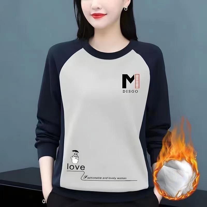 Nuevas Camisetas Base de Terciopelo en Contraste para Otoño e Invierno, Sudadera de Capa para Mujer, Camiseta de Manga Larga para Mujer