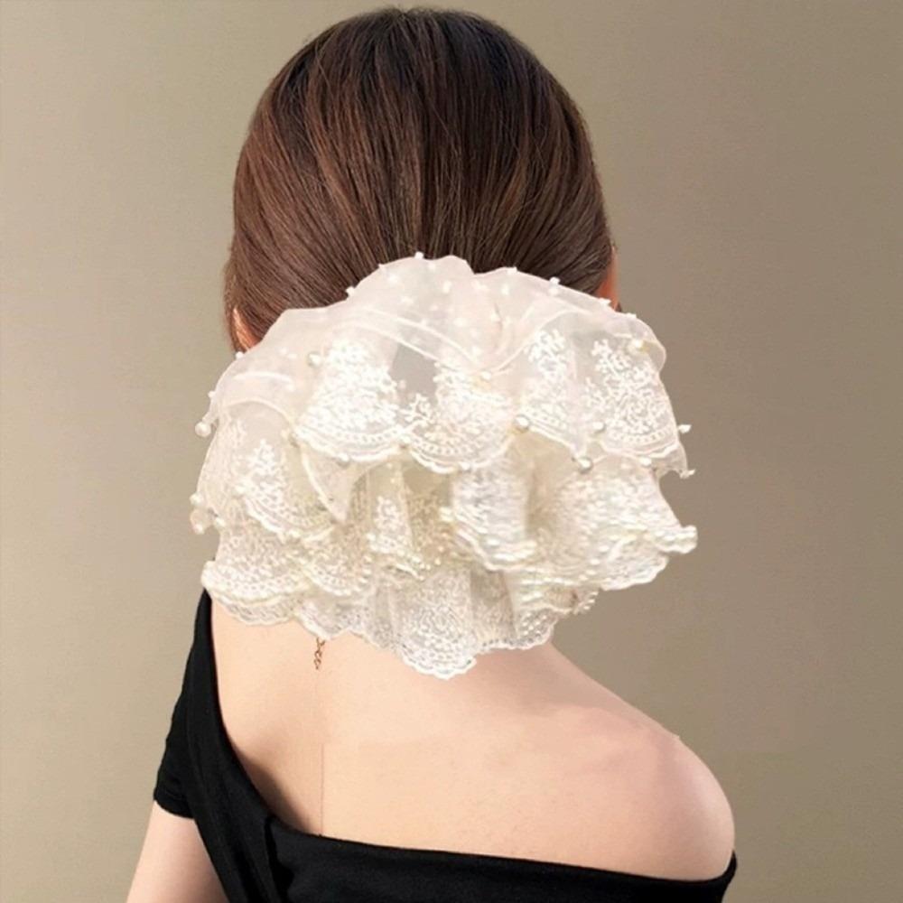 Elastic Pearl Lace Scrunchies Hair Bands Ponytail Holder Oversize Lace Hair Ties for Meatball Head