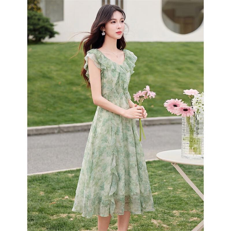 Elegant French Floral Ruffle A-Line Midi Dress